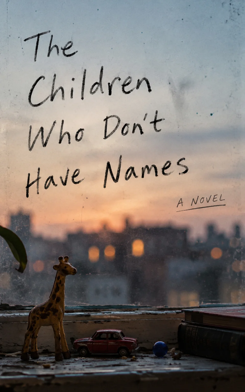 The Children Who Don’t Have Names book cover: handwritten title above a city at dusk, with a toy giraffe and car on a windowsill